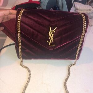 Yves Saint Laurent Burgundy Velvet Shoulder Bag with Gold Chain